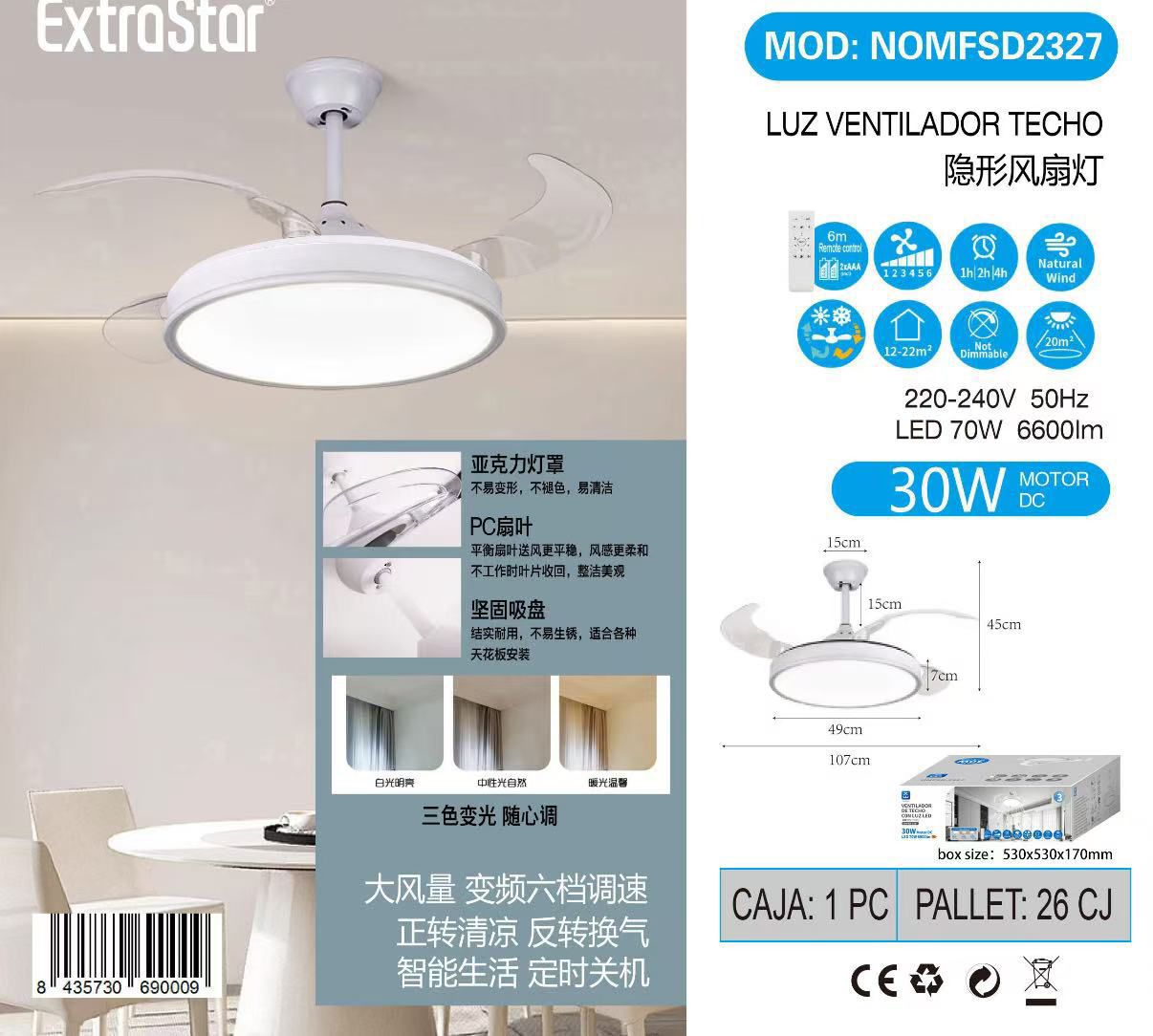Ventilador de techo con tres modos luz 🚥 blanco amarillo natural led 70W motor dc30W lo que no gasta nada de nada con mando tres años de garantÃa con la caja sin caja no hay garantÃa oferta dos por 110€ en la tienda con el envÃo 122€€