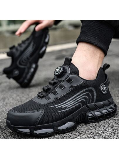 Estas zapatillas negras de seguridad tienen un diseño deportivo con suela gruesa, tejido transpirable y puntera de protección.para trabajo super cómoda