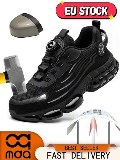 Estas zapatillas negras de seguridad tienen un diseño deportivo con suela gruesa, tejido transpirable y puntera de protección.para trabajo super cómoda