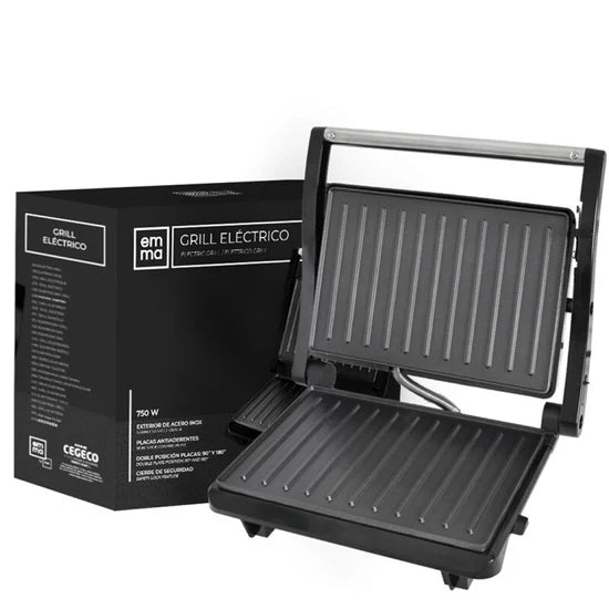Grill eléctrico de 750 w. Con placas de recubrimiento antiadherente, parte superior de acero inoxidable, cierre de aseguridad, doble posición de placas. Dimensiones 27×23 cm.