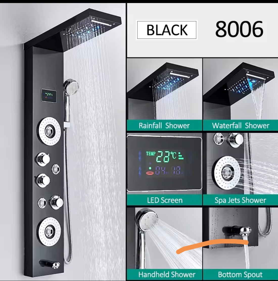 Columna de Ducha Hidromasaje Negra, Columna de Ducha Hidromasaje Multifuncional con LED, Sistema de Ducha de Acero Inoxidable para el Baño.
159,00 € con el envío 169€
Sin coste