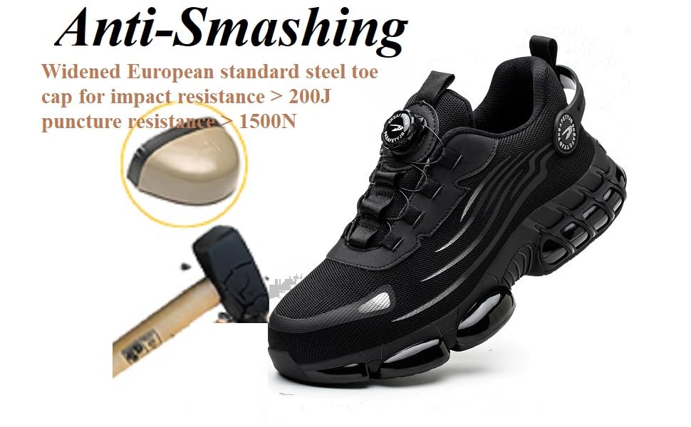 Estas zapatillas negras de seguridad tienen un diseño deportivo con suela gruesa, tejido transpirable y puntera de protección.para trabajo super cómoda