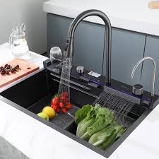 Fregadero de cocina de acero inoxidable Kleenmac (SS 304) integrado con lluvia inteligente Pantalla digital Grifo (75×46×22cm)