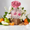 Frasco de perfume con tapón de rosa rosa, rodeado de flores blancas, peras y mandarinas.