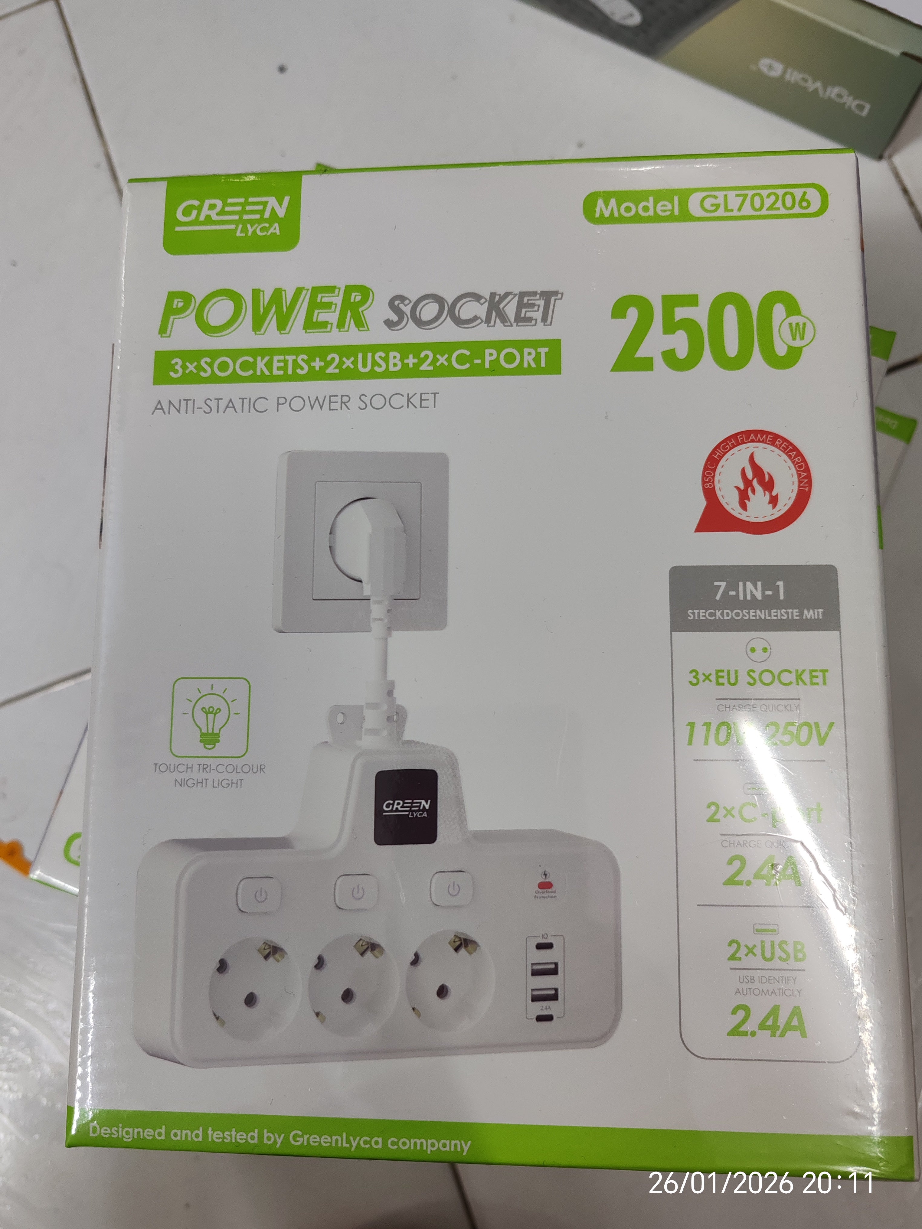 Enchufe europeo de CA, interruptor independiente de 2500W, toma de corriente montada en la pared, bandeja de almacenamiento desmontable con luz dos entrada USB dos entrada tipo c