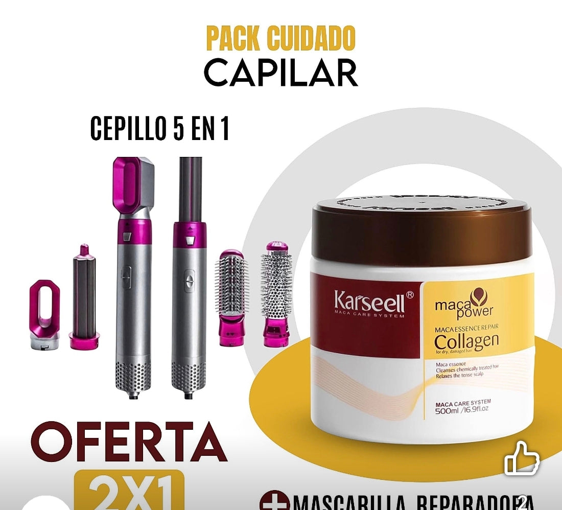 El pack secador lesador cepillo 5 en 1 más la mascarilla de colágeno