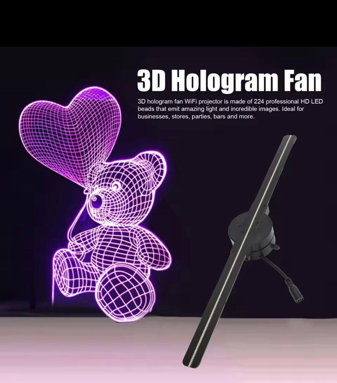 Ventilador de holograma 3D 16.50 pulgadas wifi proyector 📽️ 3D con 224 cuentas de luz led para publicidad tienda negocios