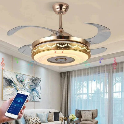 Ventilador lampara techo con 4 aspas con bluetooth música 🎵🎼 tres modos de luz calidad natural y  luz fría