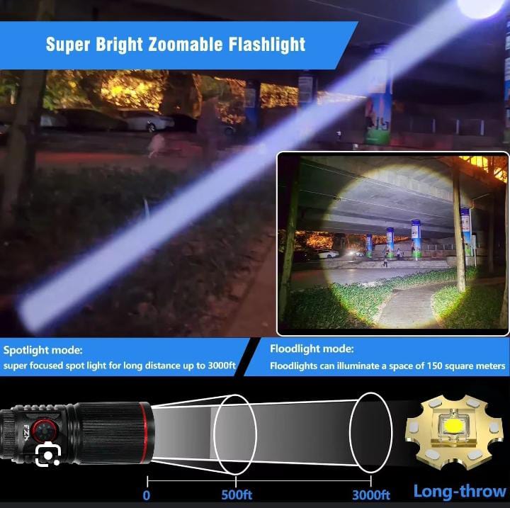 Linterna LED Multifuncional de Alta Potencia | Linterna Recargable | Largo Alcance | Cargador Tipo C | Martillo de Seguridad | Zoom con un  cút
