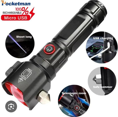 Linterna LED Multifuncional de Alta Potencia | Linterna Recargable | Largo Alcance | Cargador Tipo C | Martillo de Seguridad | Zoom con un  cút