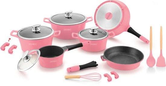 Batería de cocina de inducción Royalty Line® Con asas extraíbles - Apto para horno - Sartenes para todo tipo de calor - Revestimiento antiadherente - rosa 🩷 gris 🩶 y Negro 🌑 lila 🟣