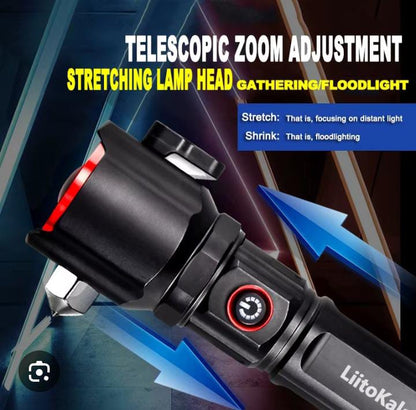 Linterna LED Multifuncional de Alta Potencia | Linterna Recargable | Largo Alcance | Cargador Tipo C | Martillo de Seguridad | Zoom con un  cút